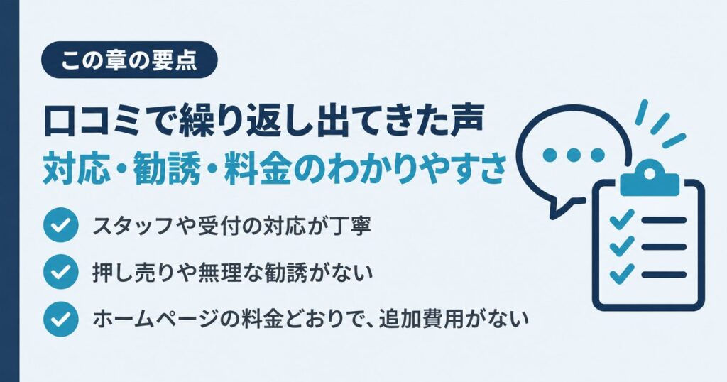 銀クリの口コミで繰り返し出てきた良い声。スタッフや受付の対応が丁寧、押し売りや無理な勧誘がない、ホームページの料金どおりで追加費用がない、をまとめた図