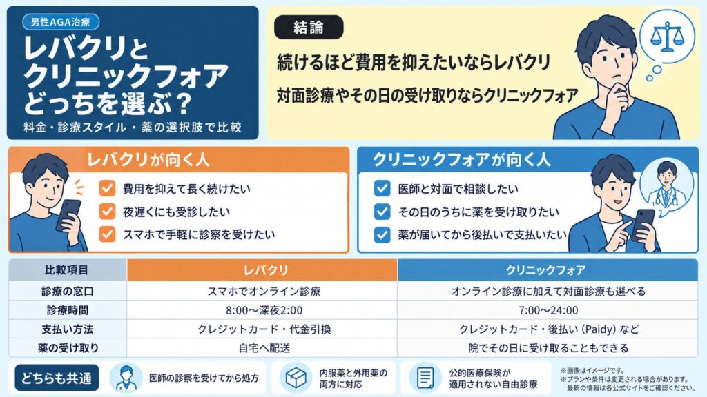 レバクリとクリニックフォアの比較図。続けるほど費用を抑えたいならレバクリ、対面診療やその日の受け取りならクリニックフォアという結論と、診療の窓口・診療時間・支払い方法・薬の受け取りの違いを1枚に整理