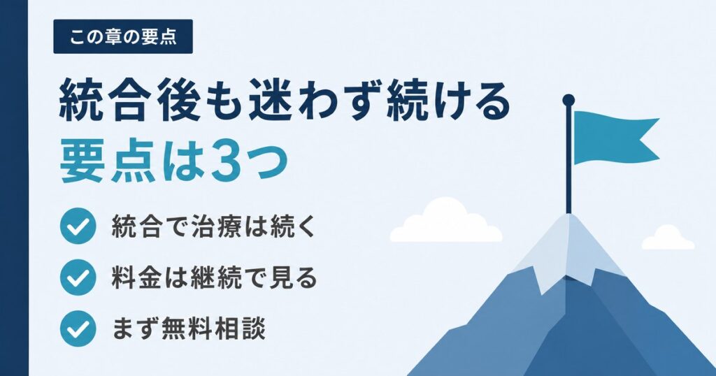 統合で治療は続く・料金は継続で見る・まず無料相談、の3点をまとめた図。山頂の旗のイラスト。