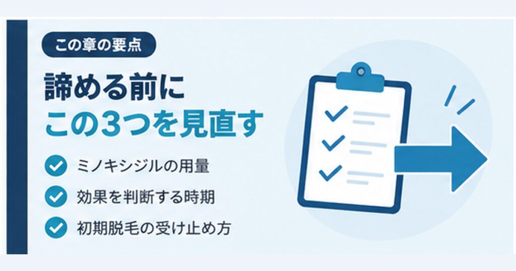 銀クリで効果なしと諦める前に見直す3つ。ミノキシジルの用量、効果を判断する時期、初期脱毛の受け止め方をまとめた図