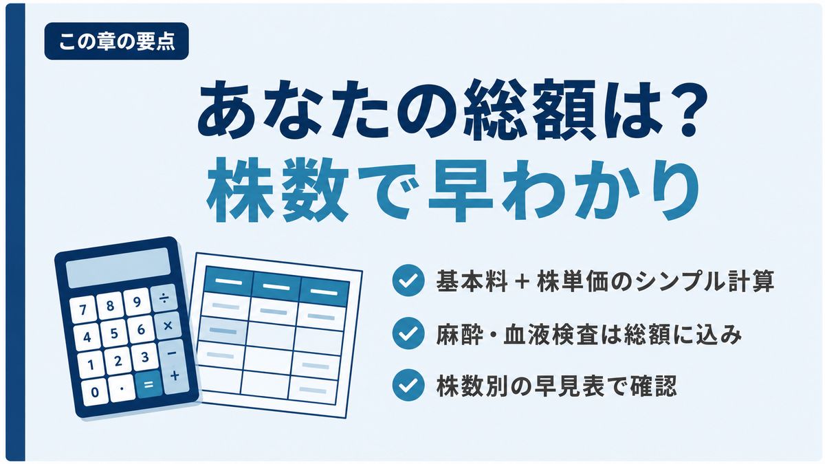 電卓と料金早見表のイラスト。「あなたの総額は？株数で早わかり」基本料＋株単価のシンプル計算／麻酔・血液検査は総額に込み／株数別の早見表で確認