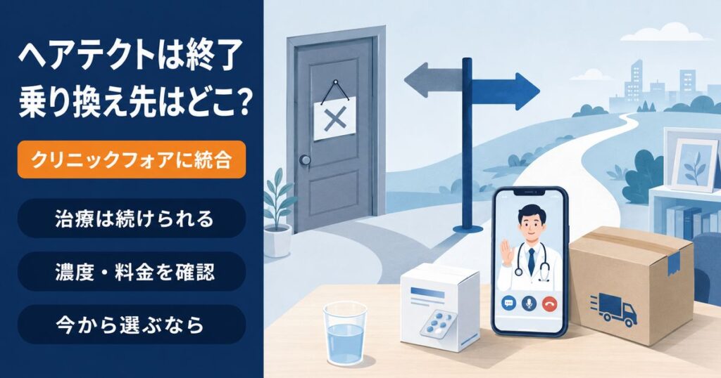 ヘアテクトのサービス終了とクリニックフォアへの統合、AGA治療の乗り換えを表すイメージ