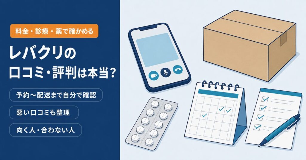 レバクリのAGAオンライン診療の口コミ・評判を、料金・診療・薬と注意点から整理する記事のアイキャッチ