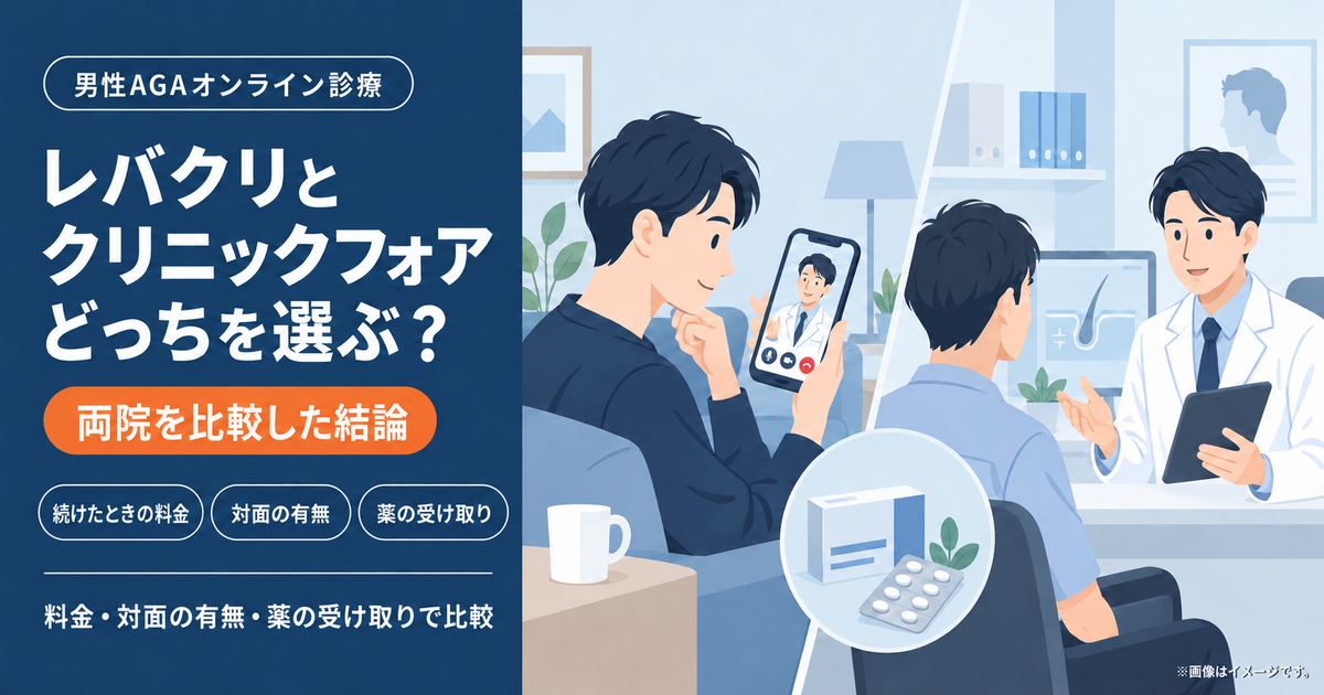 レバクリとクリニックフォアを料金・対面の有無・薬の受け取りで比較する記事のアイキャッチ。自宅でのスマホ診察と、医師との対面診察を並べたイラスト