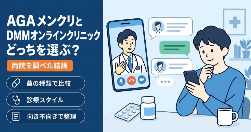 AGAメンクリとDMMオンラインクリニックを薬の種類・診療スタイル・始めやすさで比較する記事のアイキャッチ。スマホでオンライン診療を受ける男性のイラスト