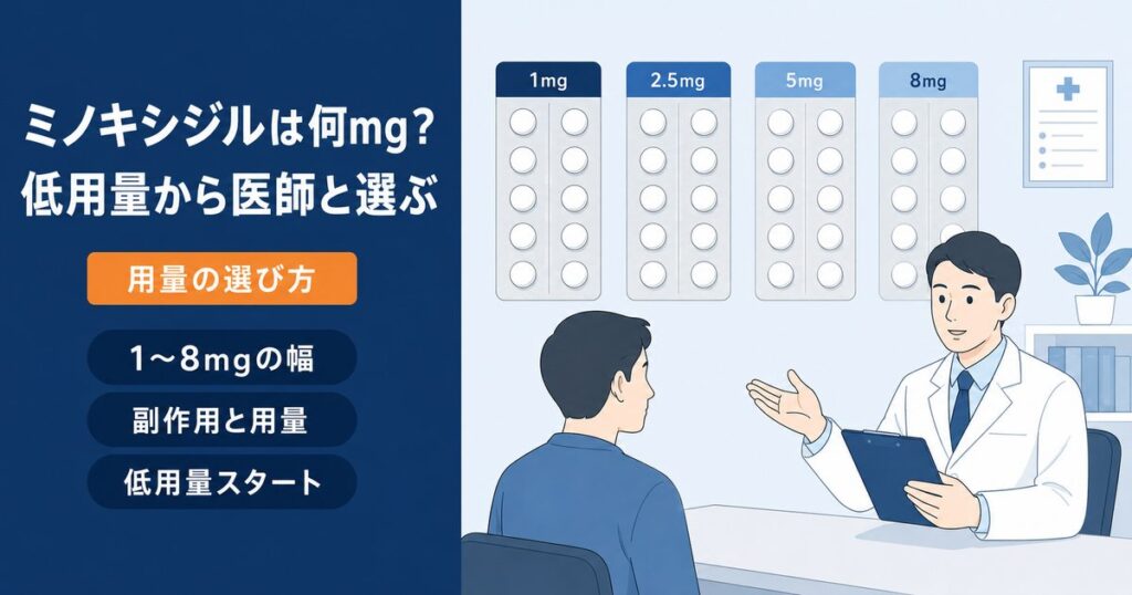 1mg〜8mgのミノキシジル錠剤シートと、医師に相談する男性。ミノキシジルの用量の選び方（副作用と用量・低用量スタート）をまとめたアイキャッチ。