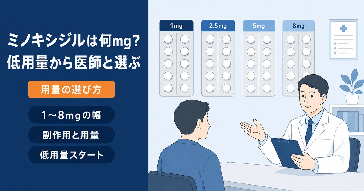 1mg〜8mgのミノキシジル錠剤シートと、医師に相談する男性。ミノキシジルの用量の選び方（副作用と用量・低用量スタート）をまとめたアイキャッチ。