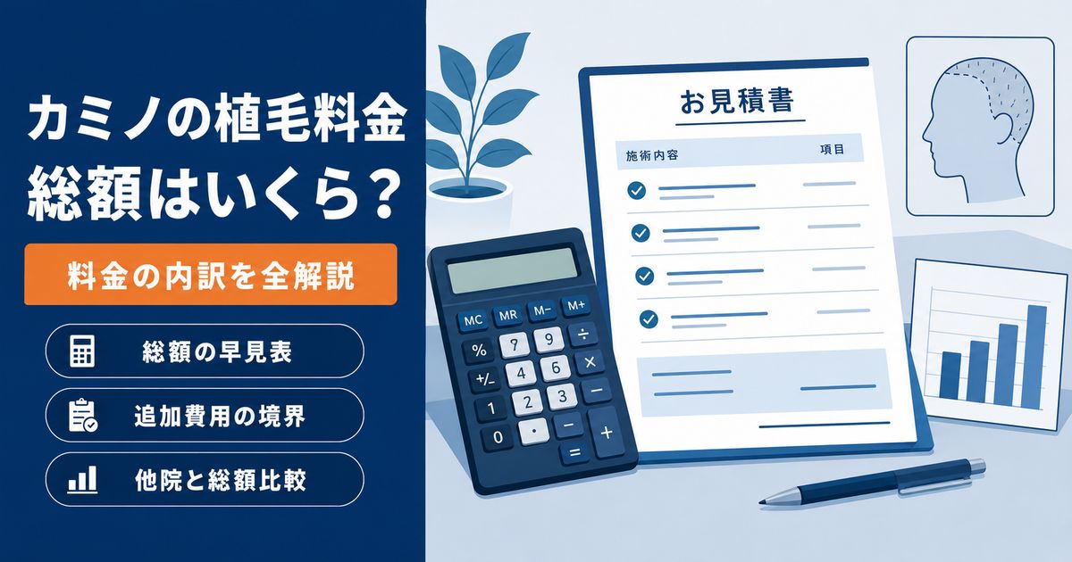 カミノクリニックの植毛料金の総額を電卓と見積書で解説するアイキャッチ。「カミノの植毛料金 総額はいくら？ 料金の内訳を全解説」